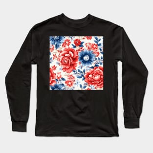 Red White and Blue Patriotic Shabby Floral Long Sleeve T-Shirt